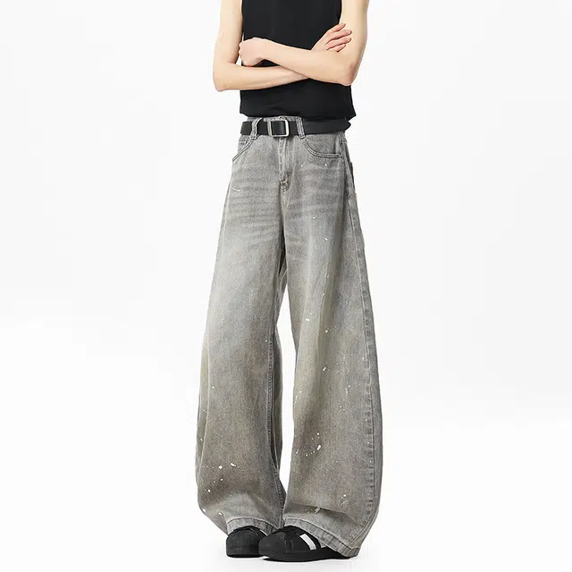 佐菲利 美式复古水洗做旧泼墨弯刀宽松潮牌高街阔腿裤子牛仔裤 男女同款