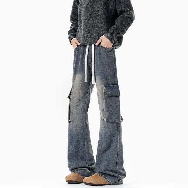 佐菲利 美式复古工装宽松直筒阔腿裤水洗做旧多口袋休闲长裤牛仔裤 男女同款