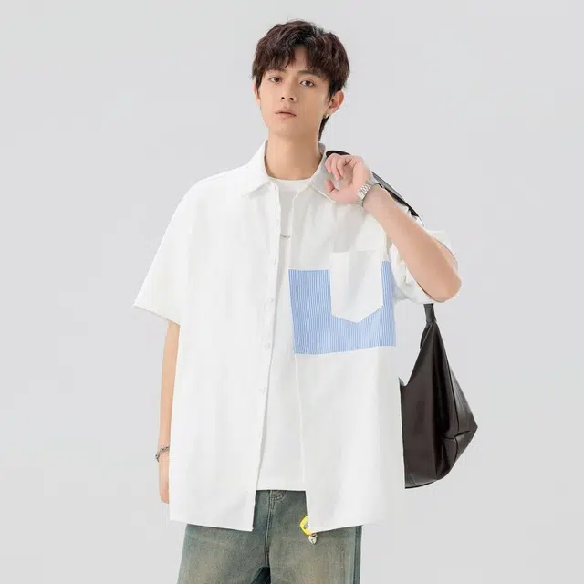 佐菲利 美式拼接宽松高级感痞帅翻领衬衣学院风休闲外套潮夏季短袖衬衫 男款