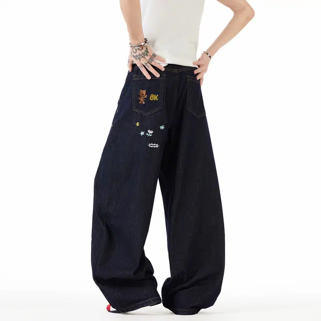 佐菲利 美式复古设计感刺绣卡通弯刀宽松情侣水洗阔腿休闲裤潮牛仔裤 男女同款