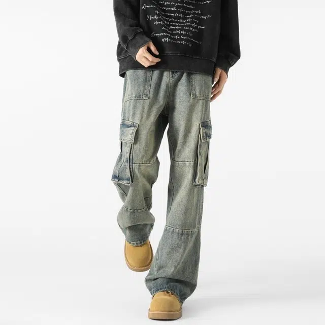 佐菲利 多口袋水洗工装美式复古宽松休闲百搭做旧直筒长裤牛仔裤 男女同款