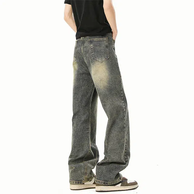 佐菲利 美式做旧复古高街宽松直筒牛仔裤 男女同款