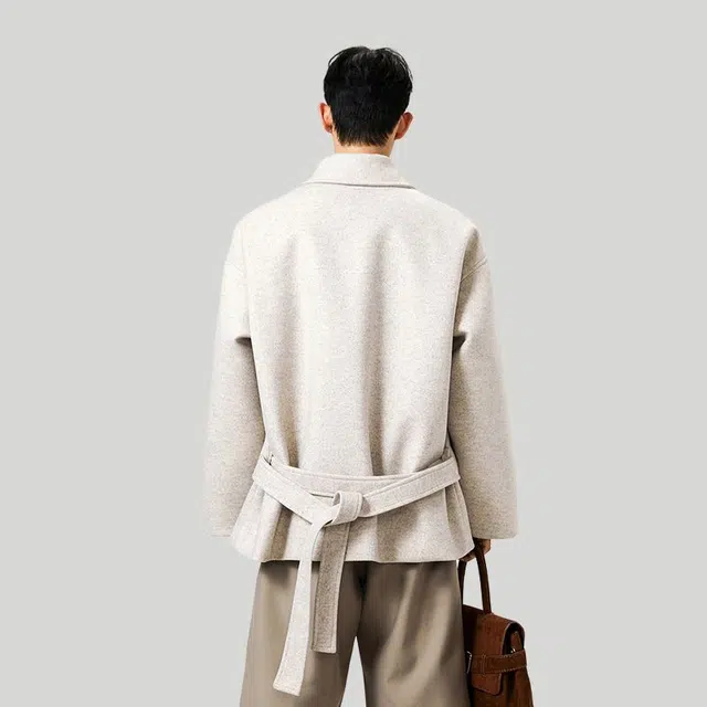 佐菲利 韩系雅痞风毛呢潮牌设计感短款外套宽松解构翻领大衣 男女同款