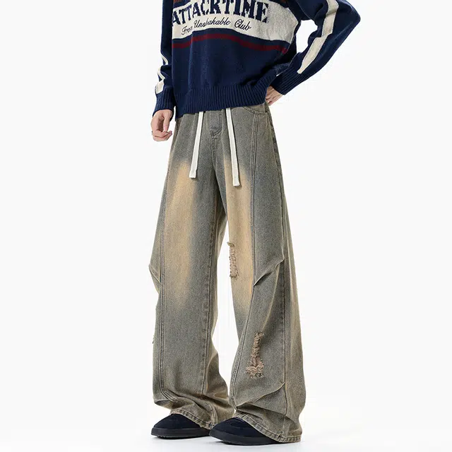 佐菲利 美式复古破洞夏季潮牌痞帅炸街裤子乞丐高裆弯刀微喇裤牛仔裤 男女同款