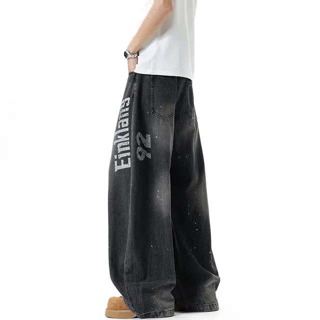佐菲利 高街泼墨夏季美式潮牌做旧弯刀裤子复古百搭印花阔腿长裤牛仔裤 男款
