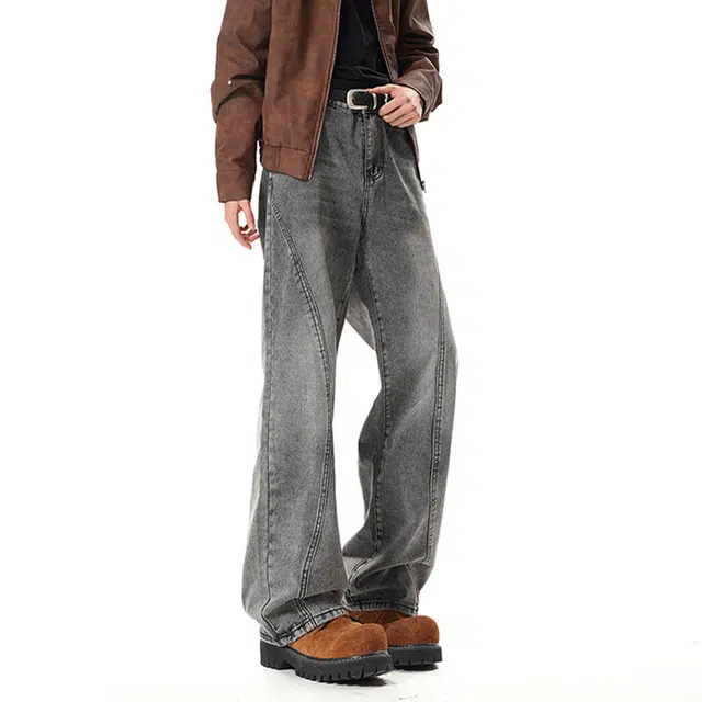佐菲利 美式高街斜切拼接水洗做旧宽松长裤直筒阔腿休闲裤牛仔裤 男女同款
