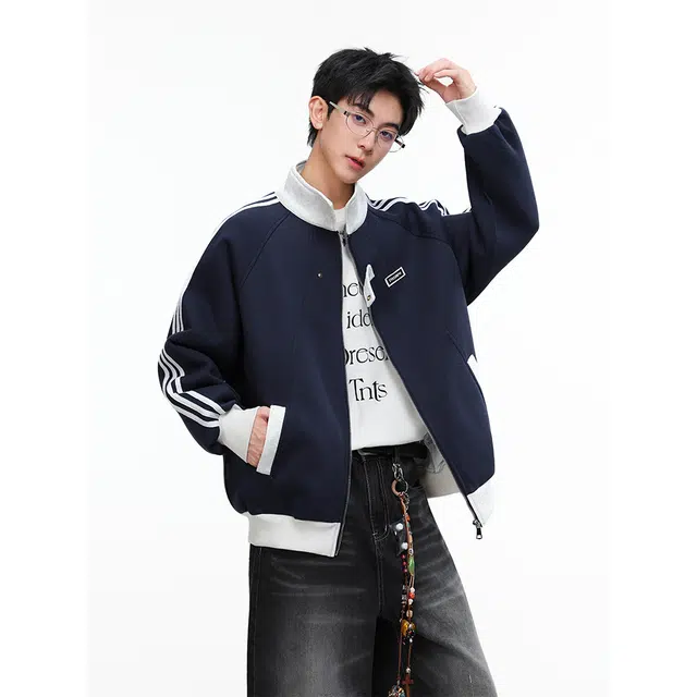 佐菲利  美式撞色拼接条纹运动夹克潮牌立领外套宽松开衫棒球服 男女同款