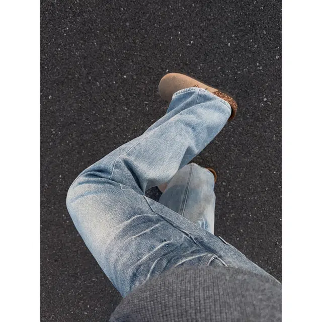 佐菲利 美式高街复古水洗做旧直筒牛仔裤 男女同款 蓝色