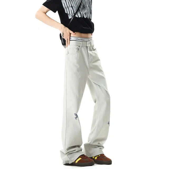 佐菲利 美式复古蓝纱高街显瘦微喇破洞直筒长裤潮牛仔裤 男女同款