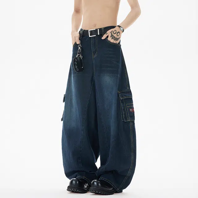 佐菲利 美式水洗多口袋弯刀复古潮牌做旧长裤夏季宽松垂感阔腿裤牛仔裤 男款
