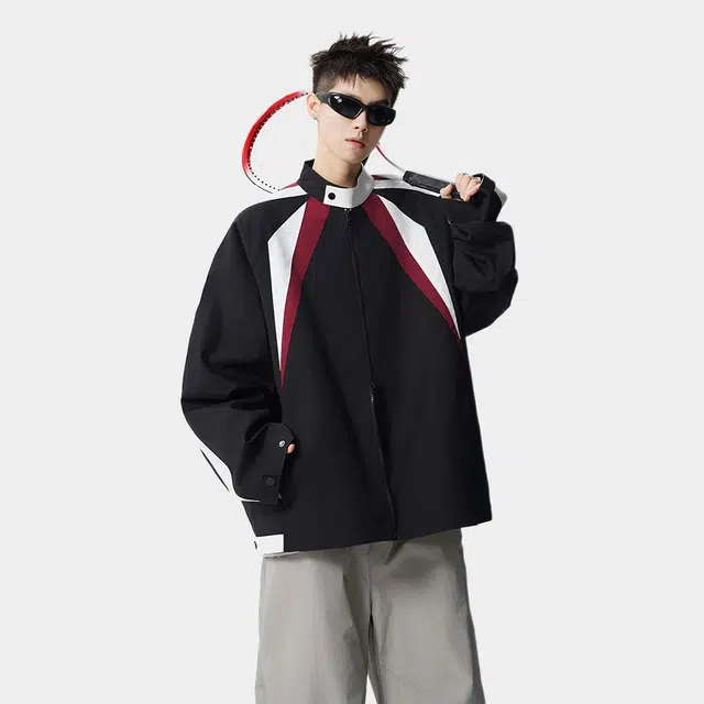 佐菲利 美式裁片拼接立领外套潮牌宽松高街痞帅拉链机车服夹克 男女同款
