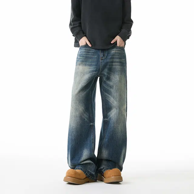 佐菲利 美式复古做旧直筒垂感显瘦小个子低腰阔腿裤子牛仔裤 男女同款