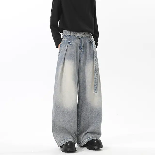 佐菲利 美式复古弯刀飘带设计感裤子高街垂感拖地阔腿长裤牛仔裤 男女同款