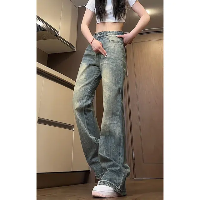 佐菲利 美式高街水洗做旧痞帅闪电纹设计直筒微喇潮流百搭牛仔裤 男女同款