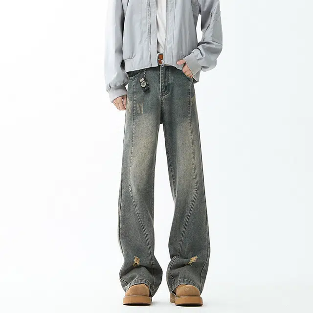 佐菲利 美式高街复古潮流破洞设计百搭高级感直筒牛仔裤 男女同款