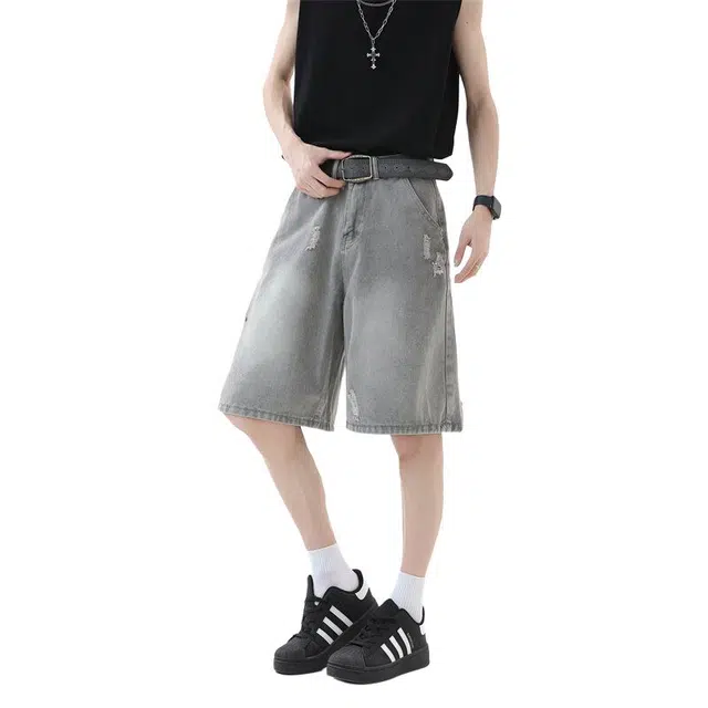 佐菲利 美式高街破洞潮牌宽松复古夏季五分牛仔短裤 男女同款