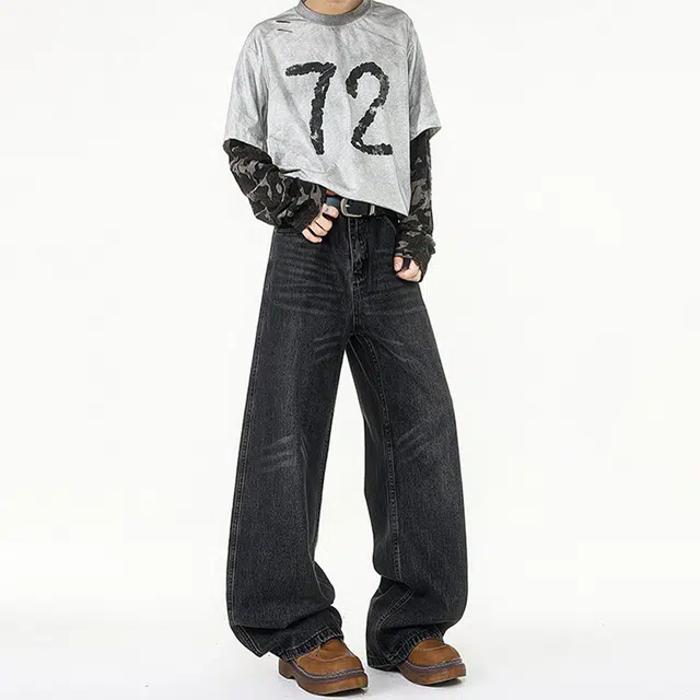 佐菲利 美式高街复古水洗潮牌宽松直筒百搭阔腿休闲长裤牛仔裤 男女同款