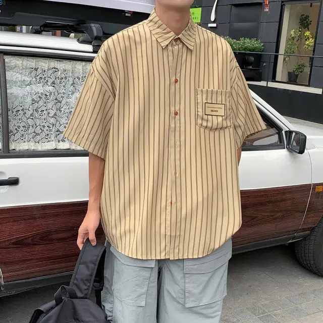 佐菲利 美式复古港风条纹翻领高级感痞帅小众设计感短袖衬衫 男女同款