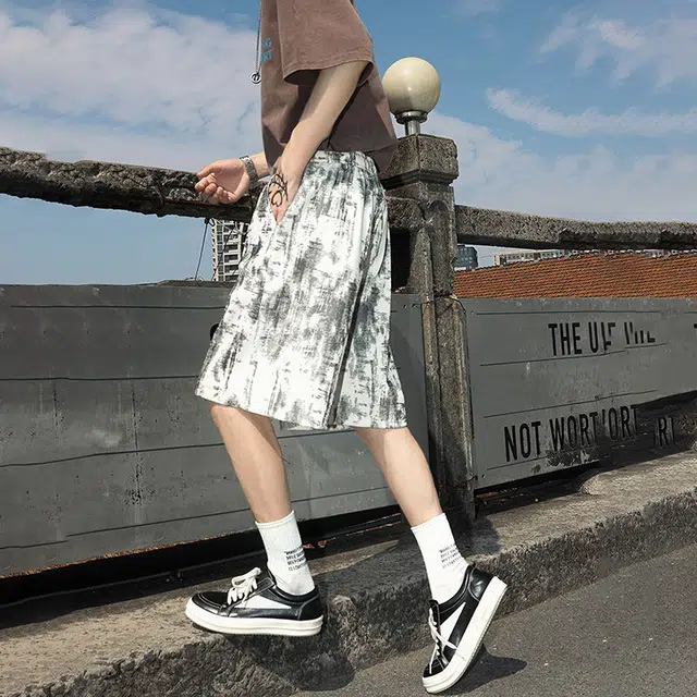 佐菲利 美式复古扎染薄款裤子直筒宽松五分裤运动中裤休闲短裤 男款