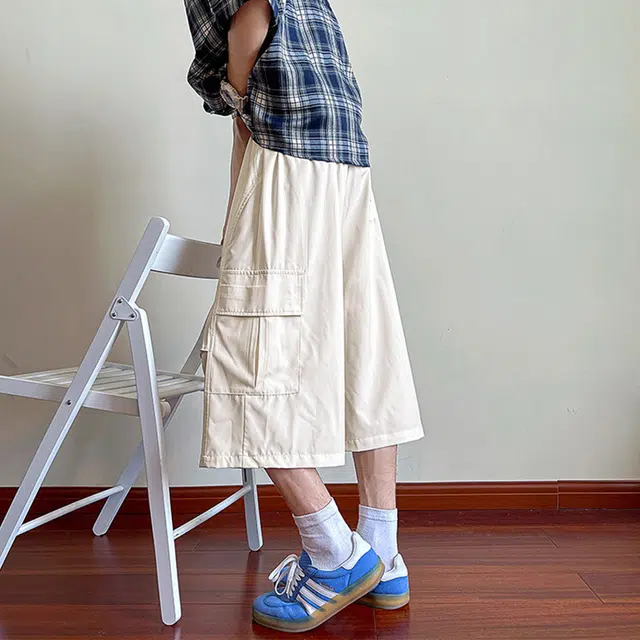 佐菲利 褶皱复古工装裤夏季薄款宽松直筒阔腿裤潮牌痞帅七分裤休闲短裤 男女同款