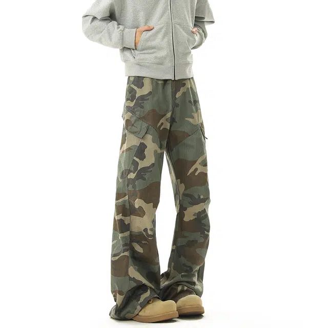 佐菲利 美式复古潮牌修身微喇百搭休闲裤 男女同款 迷彩