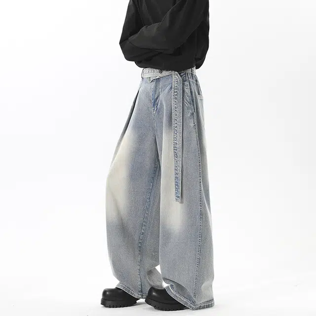 佐菲利 美式复古弯刀飘带设计感裤子高街垂感拖地阔腿长裤牛仔裤 男女同款