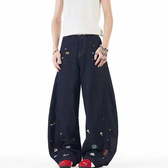 佐菲利 美式复古设计感刺绣卡通弯刀宽松情侣水洗阔腿休闲裤潮牛仔裤 男女同款