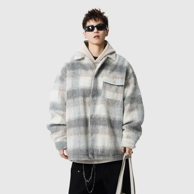 佐菲利 港风短款格子毛呢外套加厚韩版棉服痞帅翻领夹克大衣 男女同款