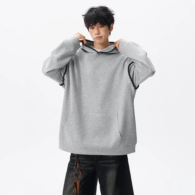 佐菲利 连帽贝壳绣花宽松情侣套头帽衫带帽外套卫衣 男女同款