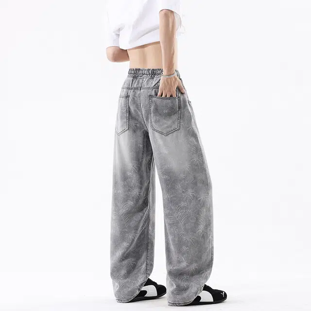 佐菲利 提花满印落叶图案美式复古宽松阔腿薄款冰丝裤垂感抽绳松紧腰直筒牛仔裤 男女同款