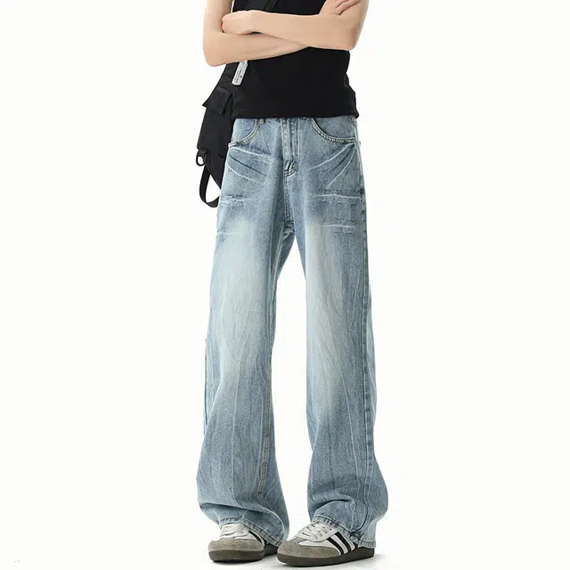 佐菲利 高街美式复古水洗做旧扎染宽松直筒牛仔裤 男款