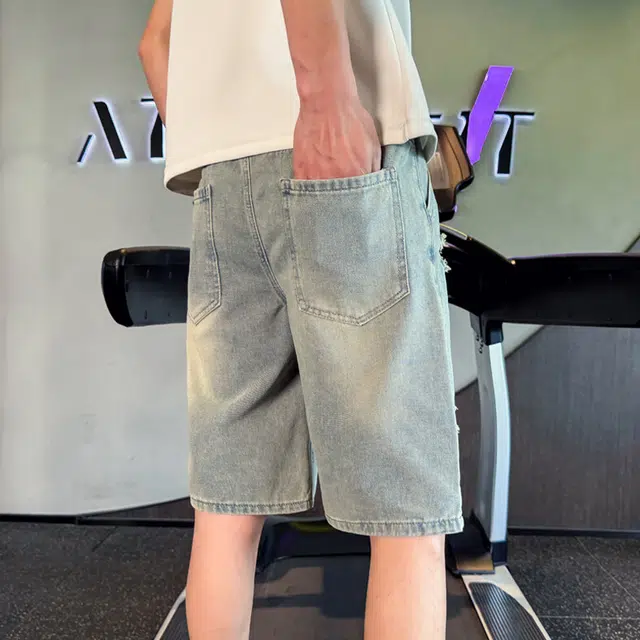 佐菲利 破洞休闲复古水洗炸街痞帅裤子宽松潮牌直筒夏季牛仔短裤 男女同款