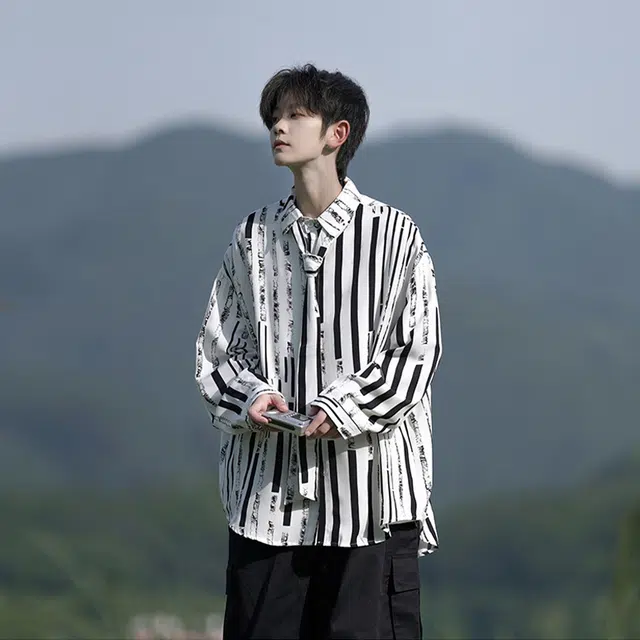 佐菲利 条纹长袖透气痞帅衬衣宽松大码高级感垂感外套衬衫 男女同款