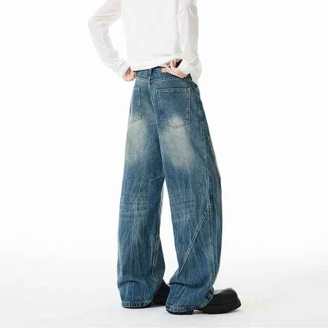 佐菲利 美式水洗闪电纹弯刀潮牌高街显瘦百搭宽松直筒阔腿裤牛仔裤 男女同款
