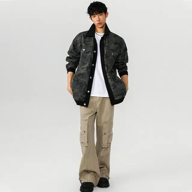 佐菲利 迷彩潮牌美式复古拼色工装夹克春秋季休闲上衣服牛仔外套 男女同款