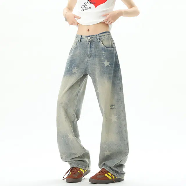 佐菲利 高街水洗直筒夏季美式复古做旧星星印花宽松显瘦超火牛仔裤 男女同款