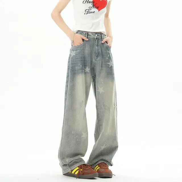 佐菲利 高街水洗直筒夏季美式复古做旧星星印花宽松显瘦超火牛仔裤 男女同款