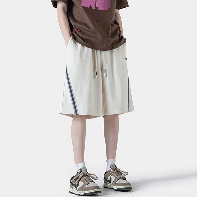 佐菲利 美式条纹拼接夏季外穿中裤痞帅运动宽松透气五分裤休闲短裤 男款