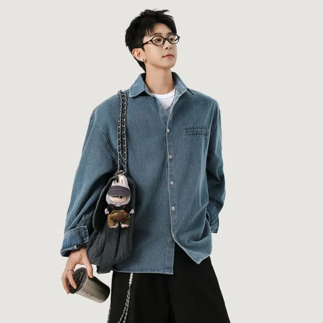 佐菲利 美式复古水洗做旧简约工装衬衫潮牌衬衣休闲上衣牛仔外套 男女同款