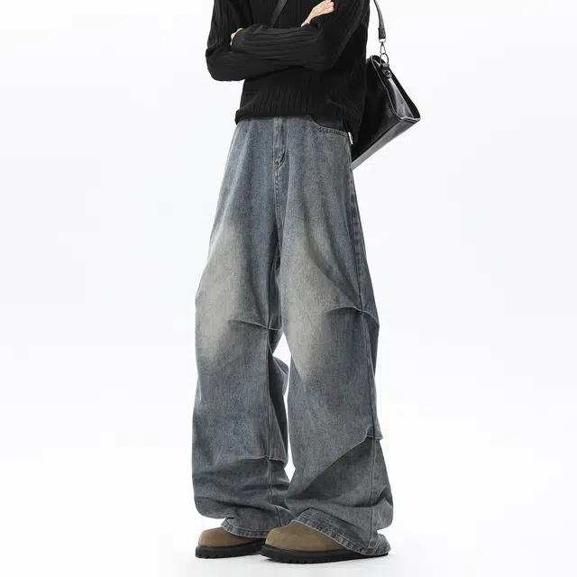 佐菲利 美式水洗做旧高街褶皱伞兵裤子潮牌宽松直筒长裤牛仔裤 男女同款
