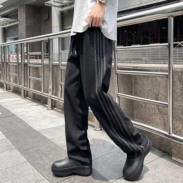 佐菲利 条纹裤子美式潮流复古直筒军绿色工装裤垂感宽松运动长裤子休闲裤 男款