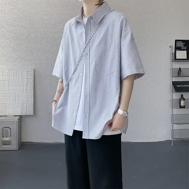 佐菲利 港风宽松条纹中袖外套透气短袖衬衫 男女同款