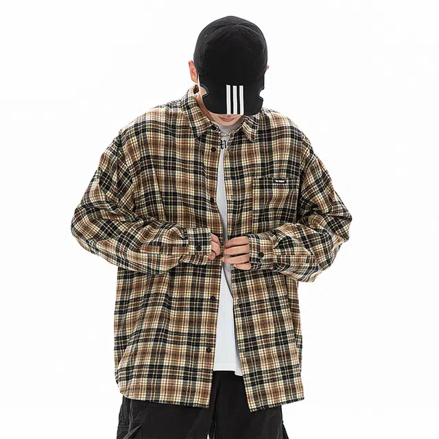 佐菲利 美式复古高级感叠穿格子中性风时尚潮流情侣装衬衫 男女同款