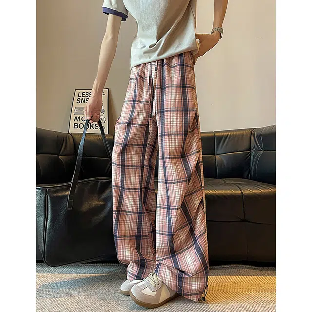 佐菲利 美式复古撞色格纹薄款透气阔腿裤宽松慵懒风直筒裤休闲裤 男女同款