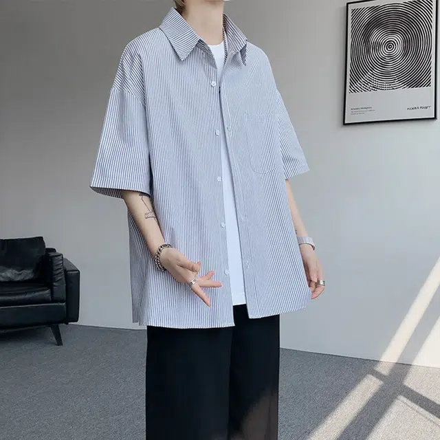 佐菲利 港风宽松条纹中袖外套透气短袖衬衫 男女同款