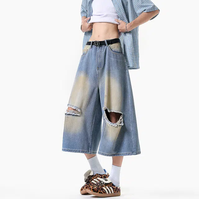 佐菲利 美式潮牌痞帅破洞水洗七分夏季直筒宽松阔腿裤子牛仔短裤 男女同款