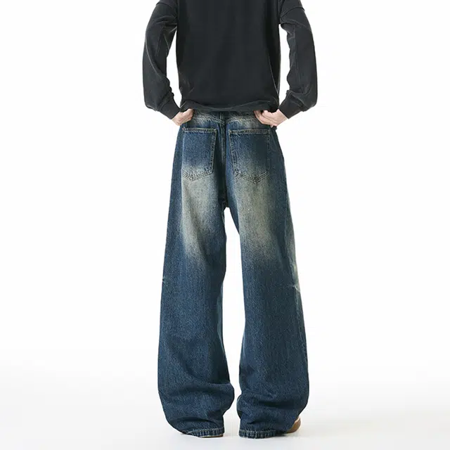 佐菲利 美式复古做旧直筒垂感显瘦小个子低腰阔腿裤子牛仔裤 男女同款