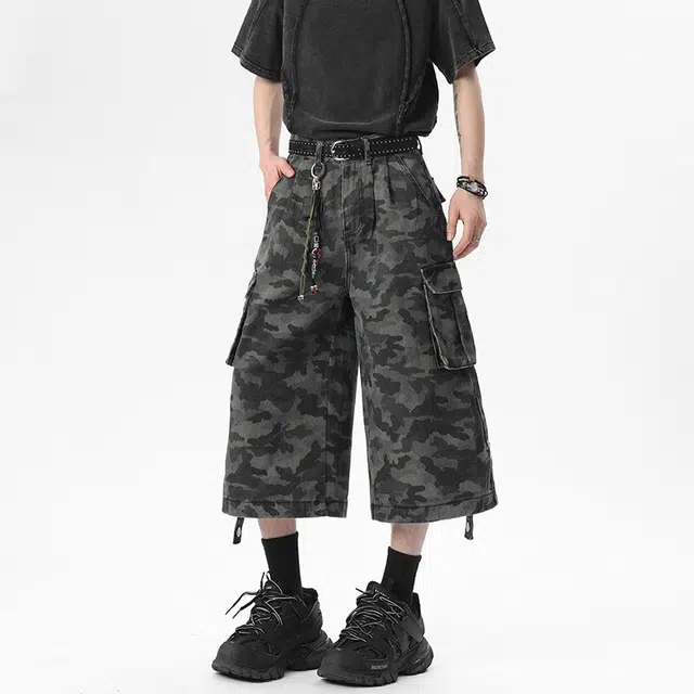佐菲利 美式高街迷彩夏季重磅潮牌工装七分裤宽松阔腿运动中裤牛仔短裤 男女同款