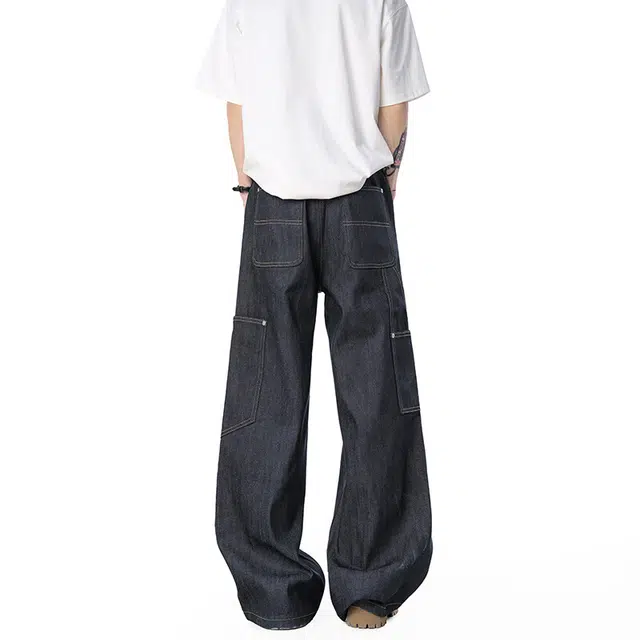 佐菲利 美式高街铆钉潮牌阔腿宽松舒适牛仔裤 男女同款