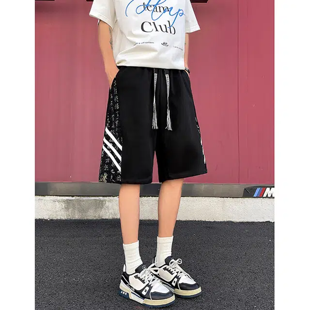 佐菲利 拼接设计感五分裤子潮牌侧边条纹宽松直筒休闲短裤 男款